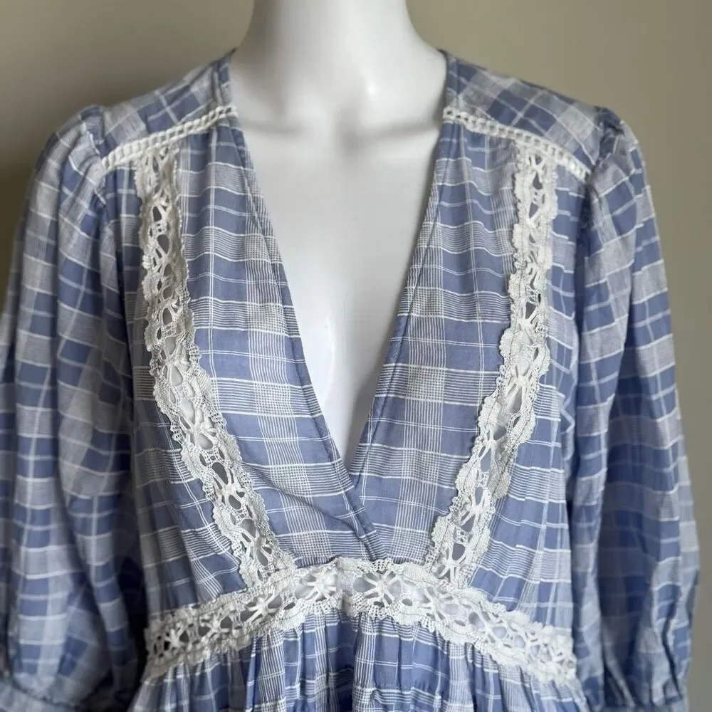 Free People Boho Lace Crotchet Plaid Puff Sleeve Top